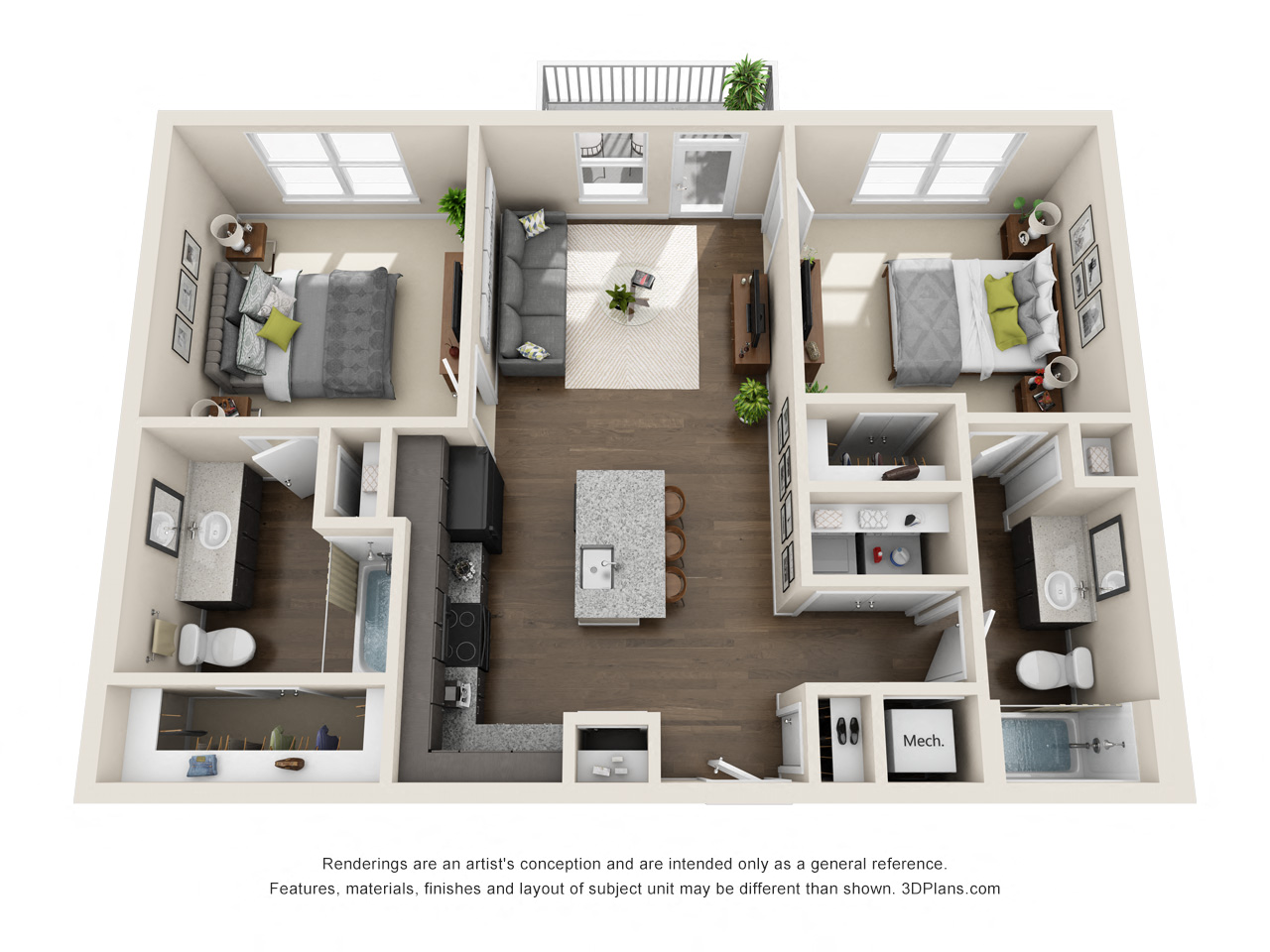Floor plan for 2 beds, 2 baths, 950 sqft